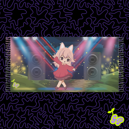 Colorful pastel pashmina scarf featuring cute anime catgirl dancing at a rave with speakers and lasers.