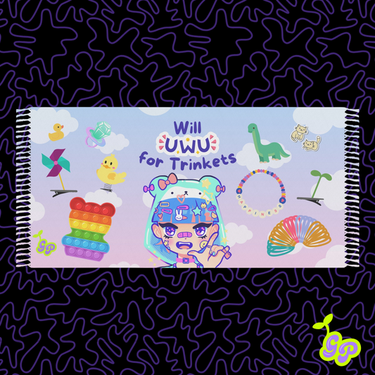 Flat lay of the “Will UwU for Trinkets” Ground Pash draped on black and purple branding background, featuring cute anime-inspired festival art and vibrant colors.

