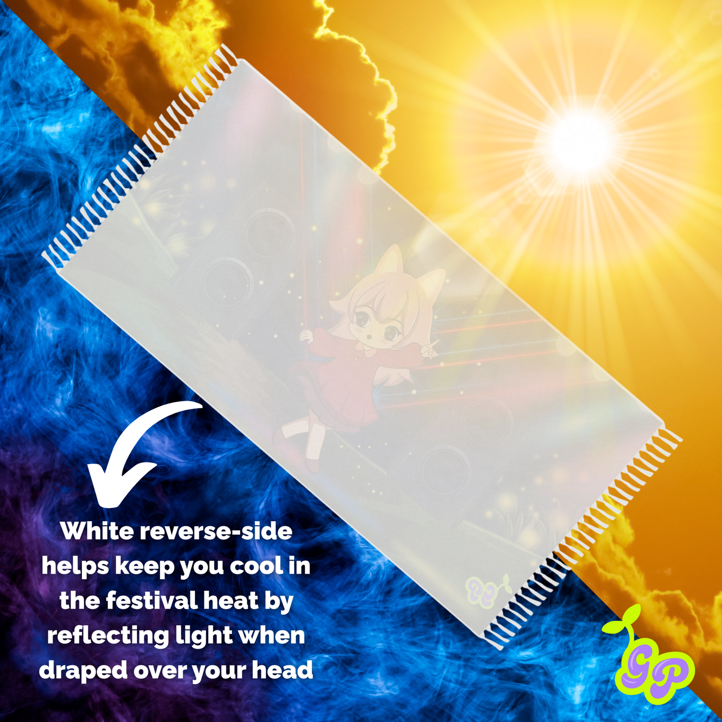 White reverse side of anime-themed pashmina shown in bright sunlight with text explaining heat reflection for festival comfort