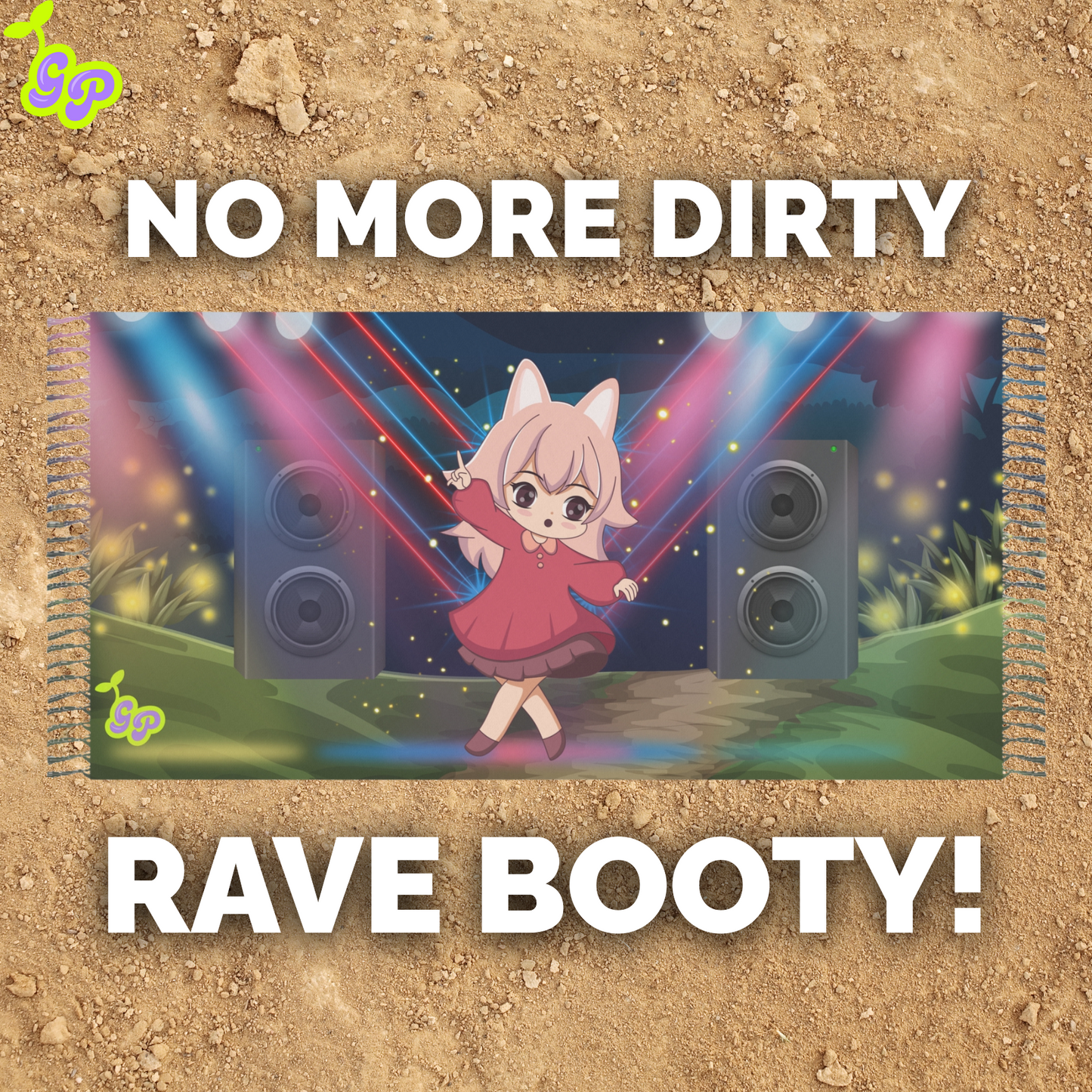 Anime girl with cat ears dancing in front of speakers on a pashmina with bold text 'No More Dirty Rave Booty' over a dirt background
