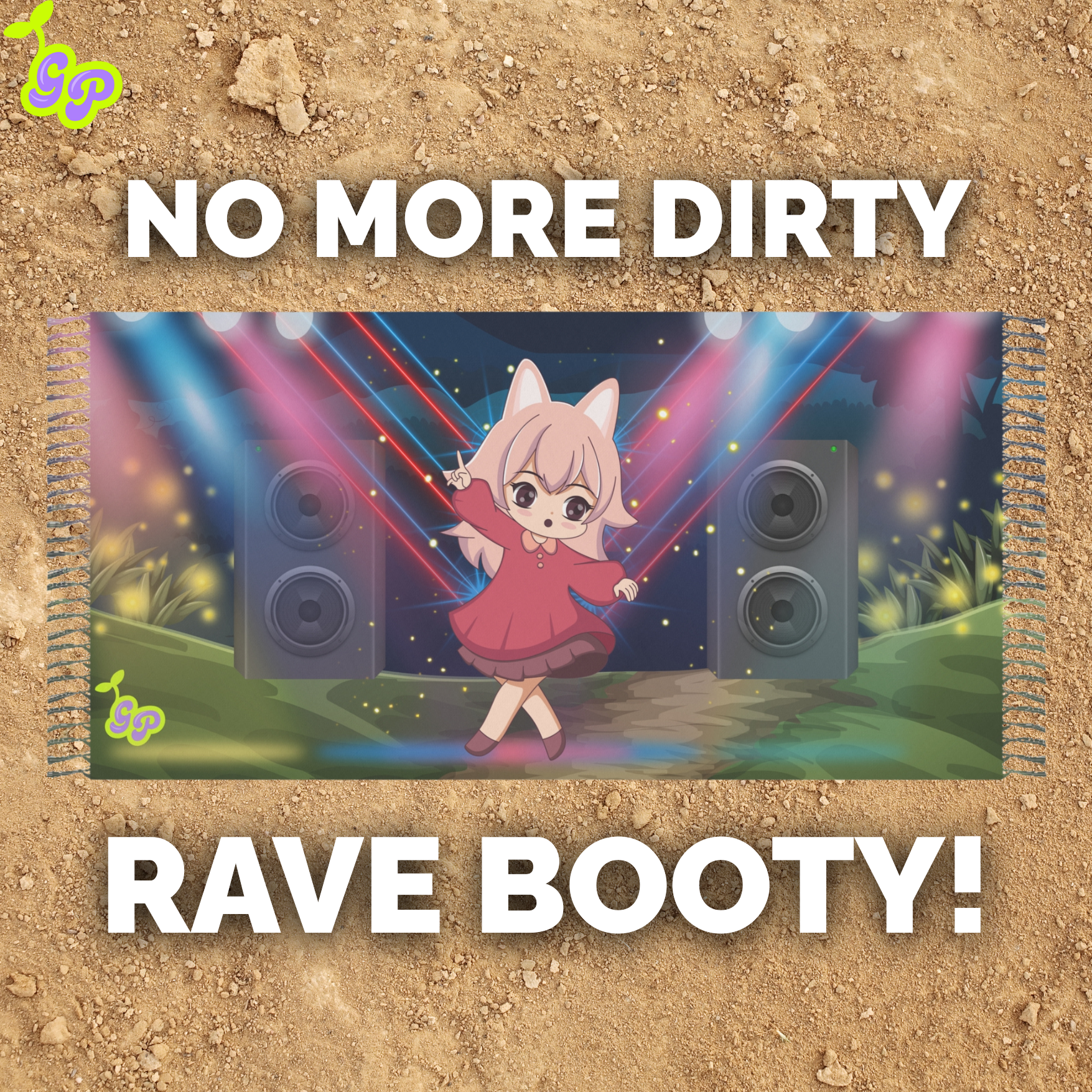 Anime girl with cat ears dancing in front of speakers on a pashmina with bold text 'No More Dirty Rave Booty' over a dirt background