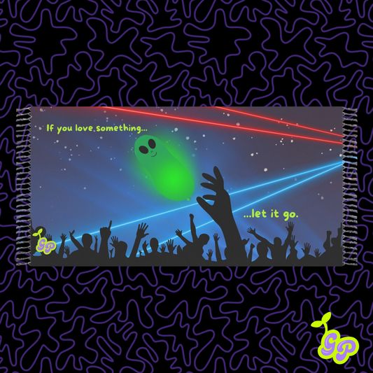 EDM festival pashmina featuring a green alien balloon, red and blue lasers, and rave crowd silhouette with the text 'If you love something... let it go.' on a starry background.