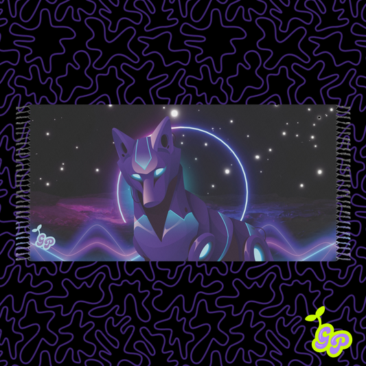 Trippy digital wolf design on the Neon Cyber Rave Wolf pashmina—EDM festival scarf and ground blanket with glowing purple space vibes.