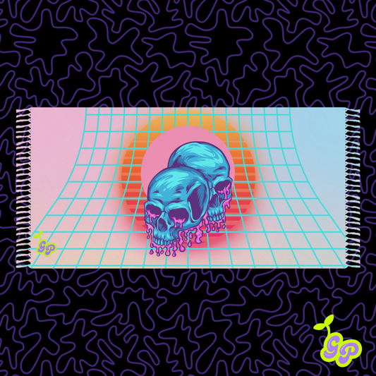 EDM pashmina featuring blue melting skulls on a pastel grid design. Perfect for music festivals and rave outfits.