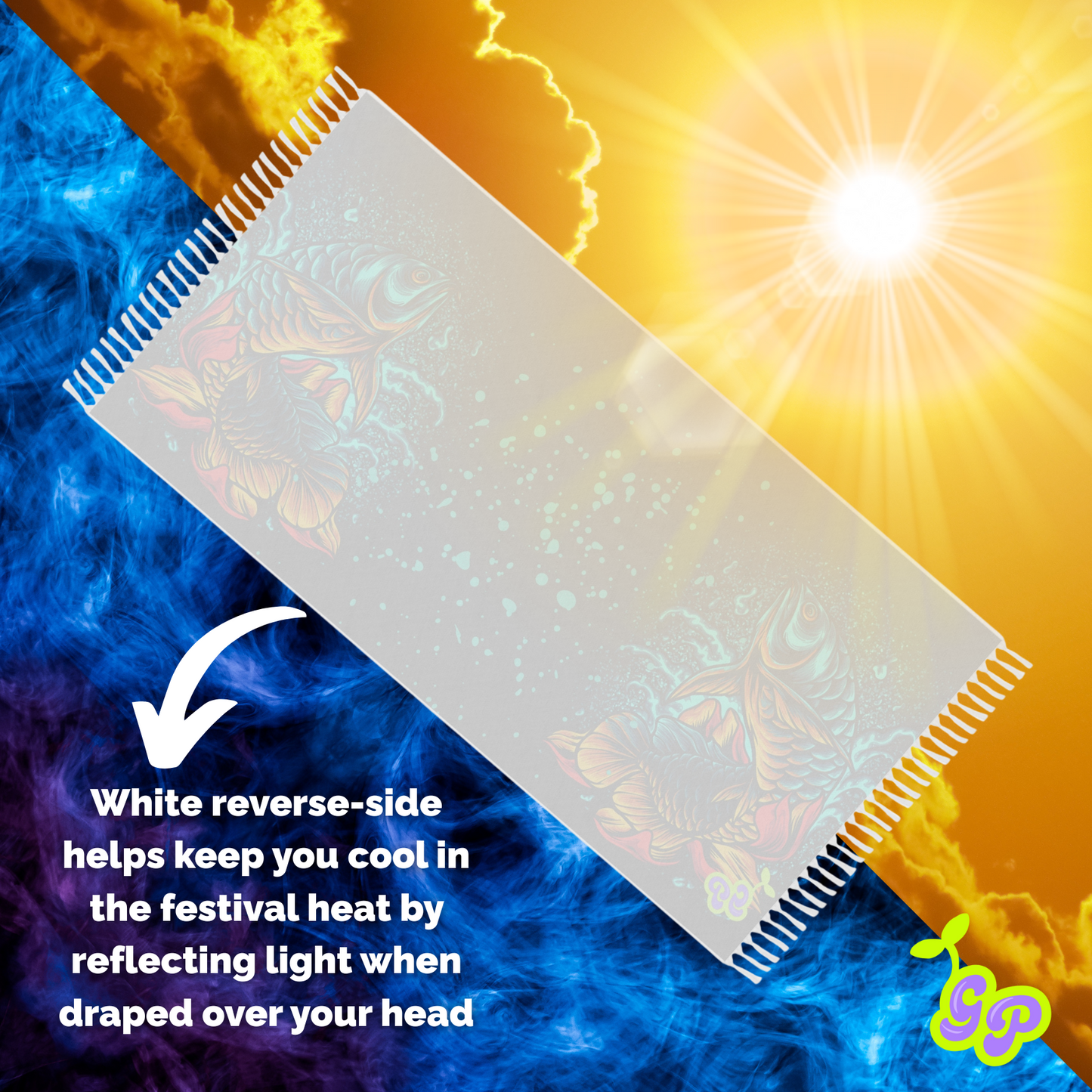 White reverse side of serene koi pashmina under bright hot sun with text showing how it keeps you cool by reflecting heat at festivals.