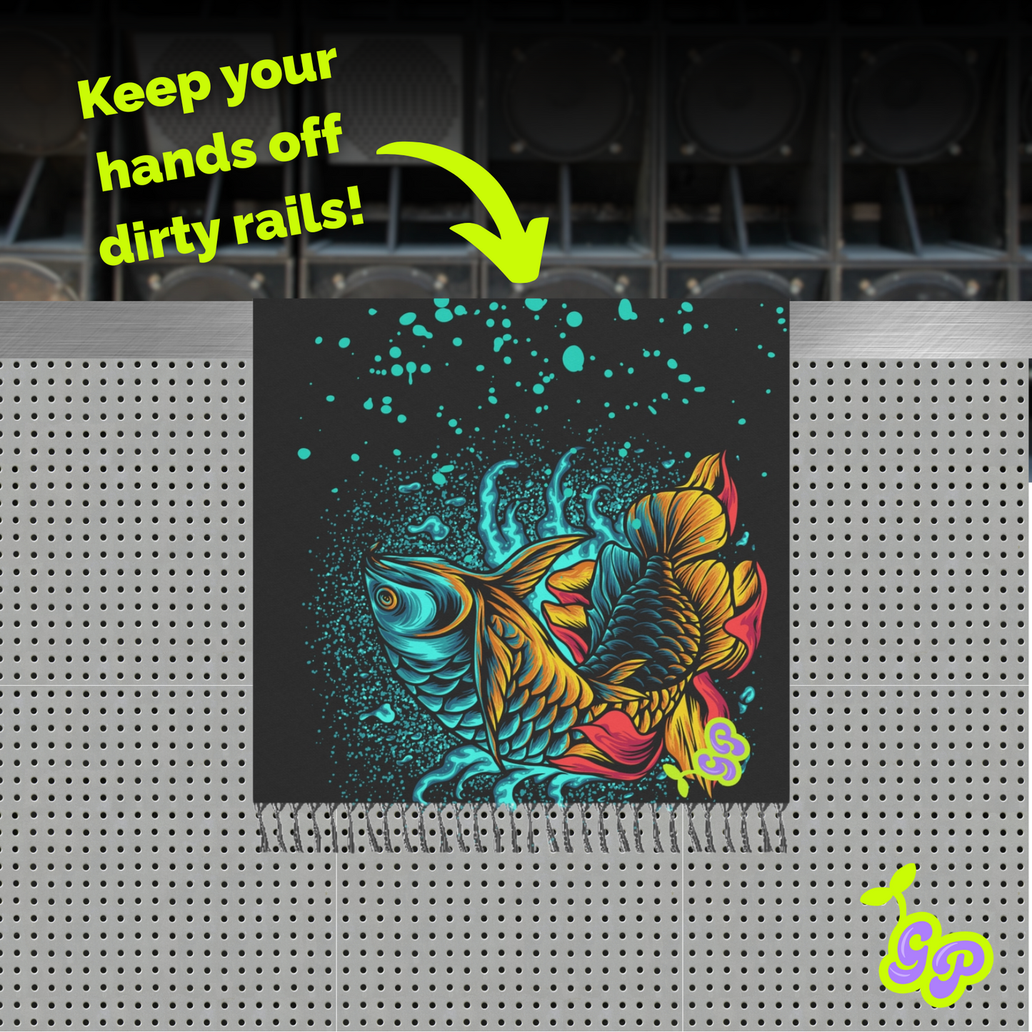 Serene Koi Dreamscape pashmina laid out over an EDM festival rail