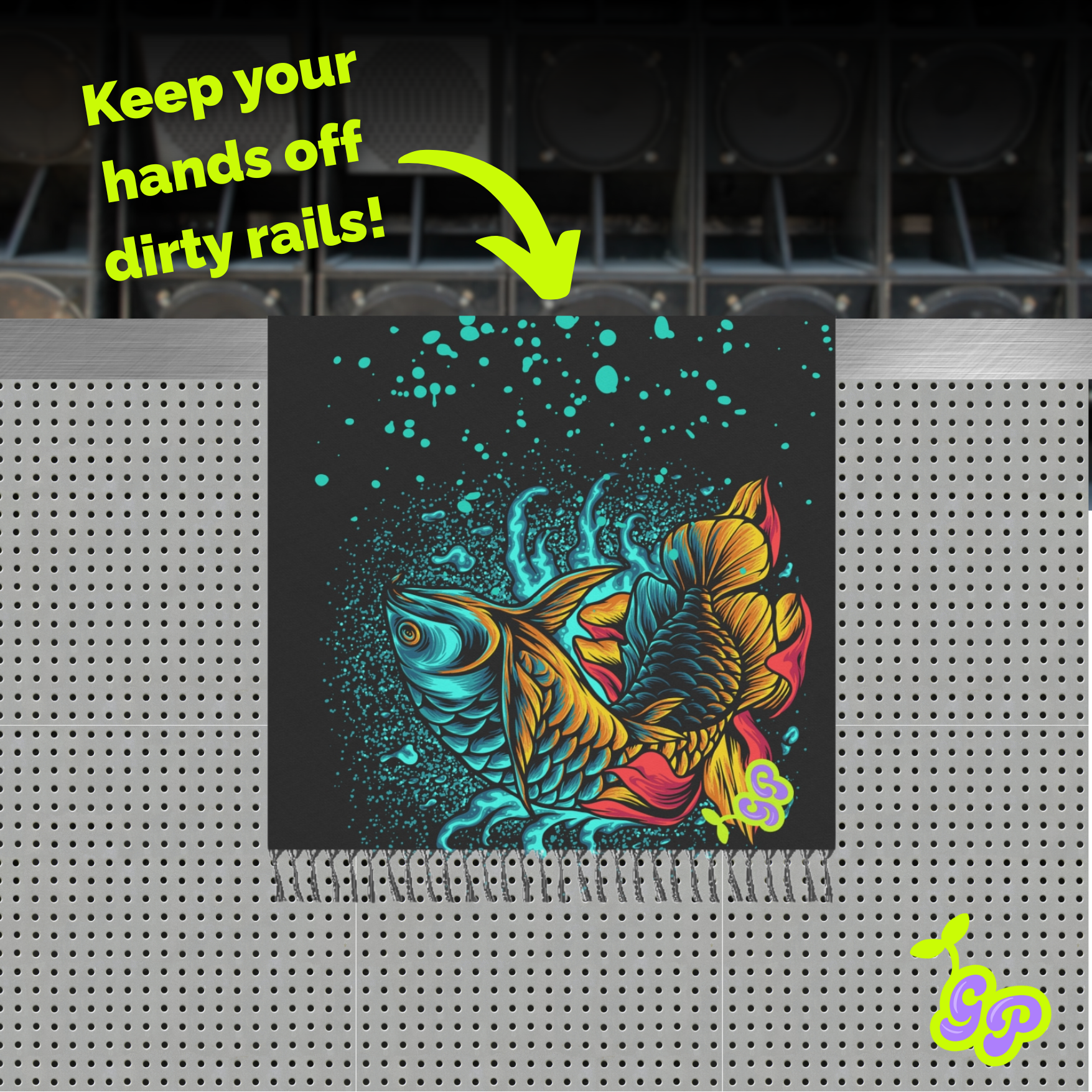 Serene Koi Dreamscape pashmina laid out over an EDM festival rail