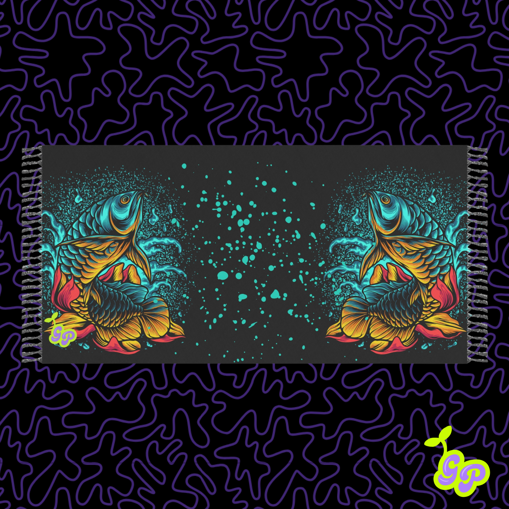 Vibrant koi fish illustration mirrored on a black festival pashmina with teal splash effects 
