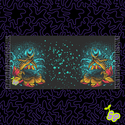 Vibrant koi fish illustration mirrored on a black festival pashmina with teal splash effects 