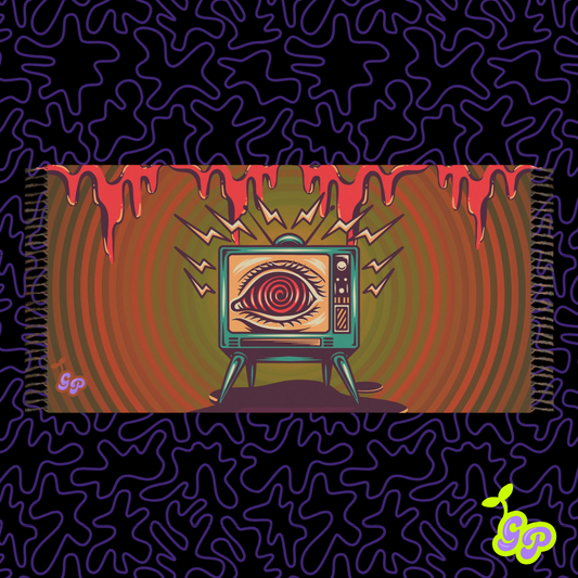 Psychedelic TV eye design on pashmina with red drips and trippy waves, perfect for EDM festivals or rave fashion.