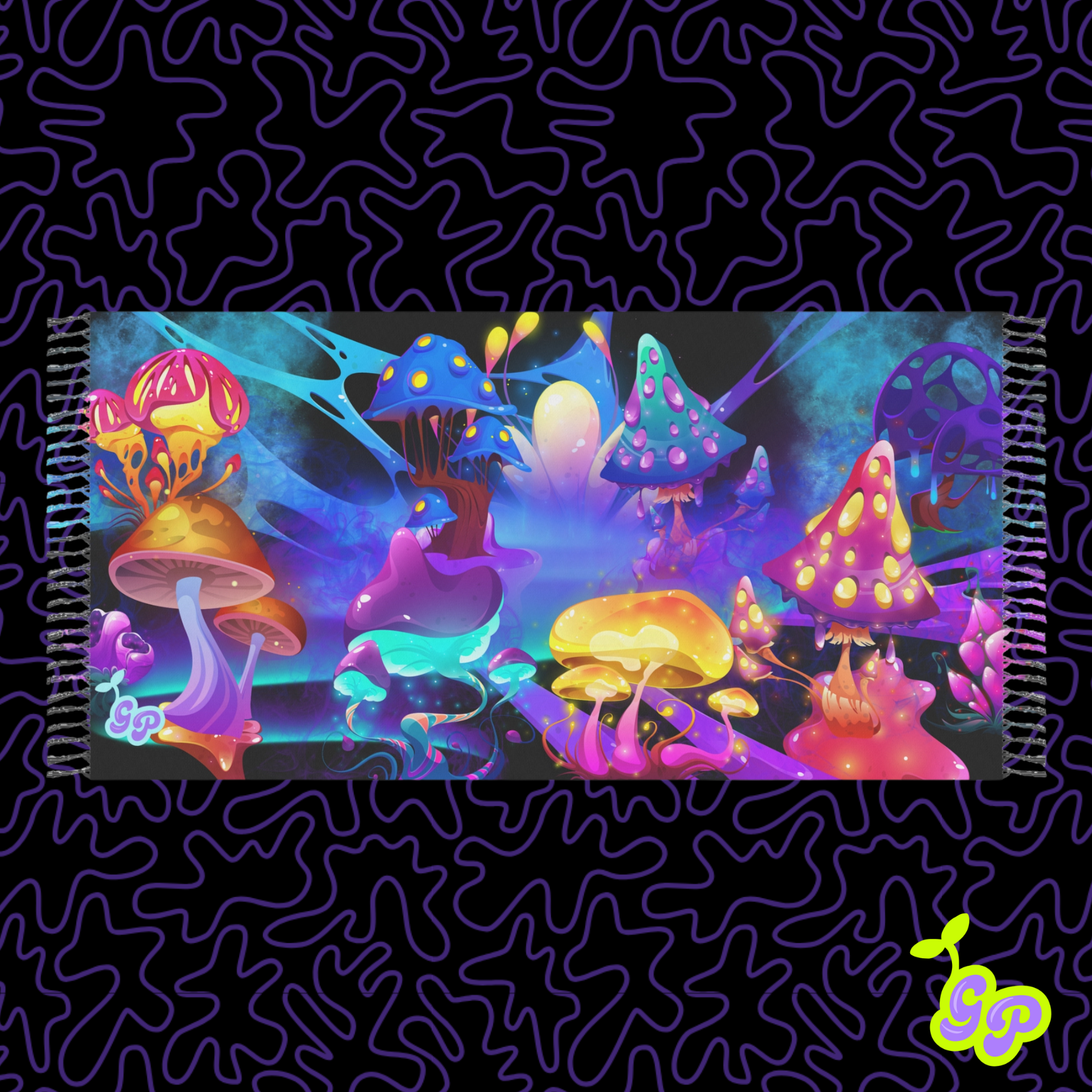 Psychedelic pashmina design featuring vibrant glowing mushrooms in neon purples, pinks, and blues on a trippy abstract background

