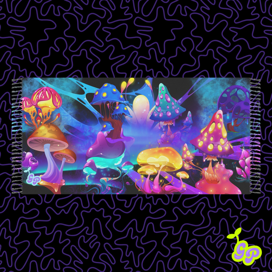 Psychedelic pashmina design featuring vibrant glowing mushrooms in neon purples, pinks, and blues on a trippy abstract background

