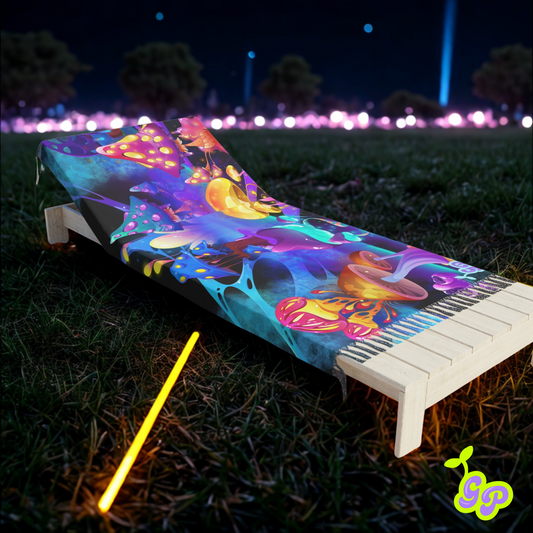 Psychedelic mushroom-themed pashmina draped over a lounge chair on grass at night with glow stick and colorful rave lights in the distance

