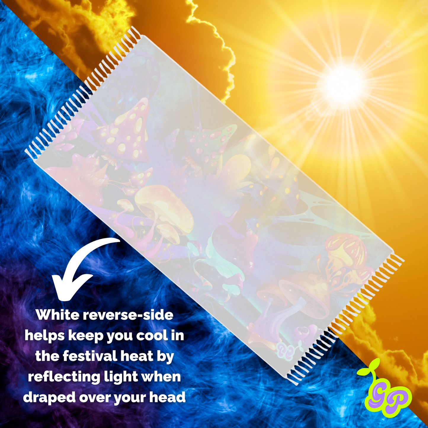 White reverse side of trippy mushroom festival pashmina reflecting sunlight with text about staying cool and Ground Pash logo