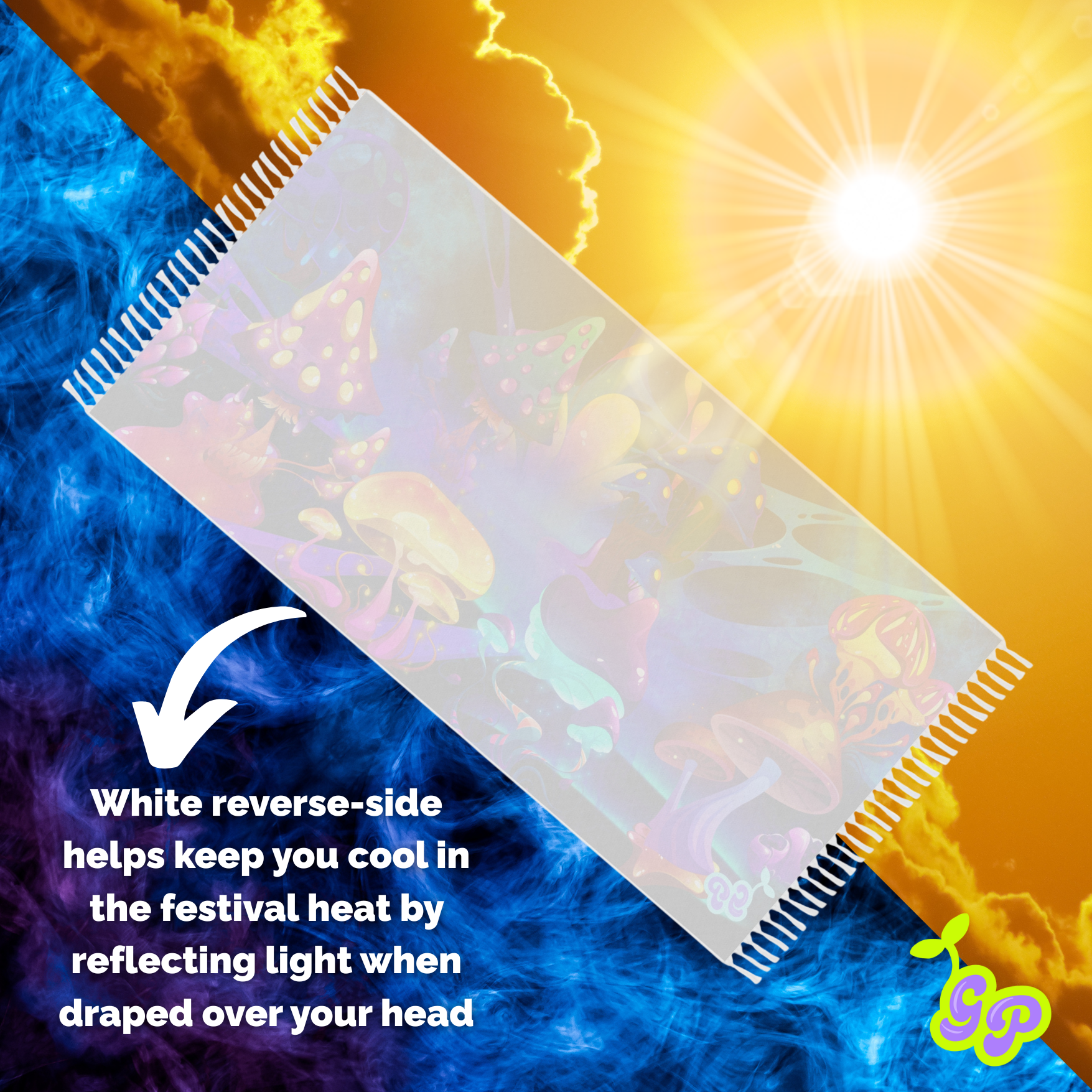 White reverse side of trippy mushroom festival pashmina reflecting sunlight with text about staying cool and Ground Pash logo