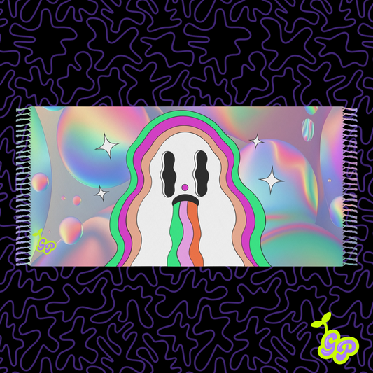 Trippy pastel ghost design on a Ground Pash festival pashmina laid out on a black wavy background