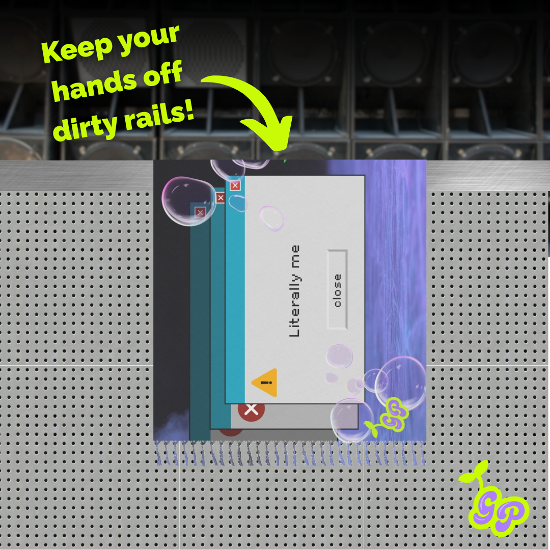Close-up of colorful pashmina on a perforated metal rail with digital pop-up art and bold green text reading “Keep your hands off dirty rails!”