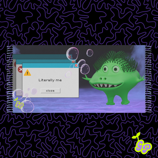 Funny cartoon pashmina design with a derpy green wook creature, error pop-up windows, and floating bubbles on a digital rave background.