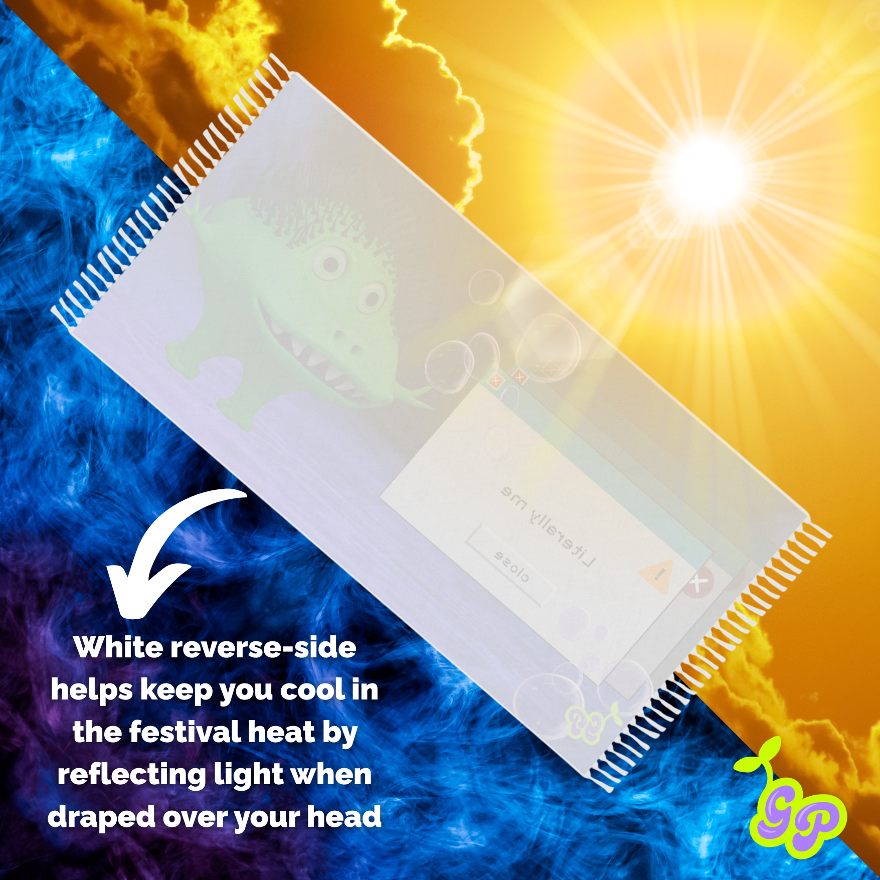 White reverse side of pashmina glowing under bright sun with text explaining how it keeps you cool by reflecting heat at festivals.







