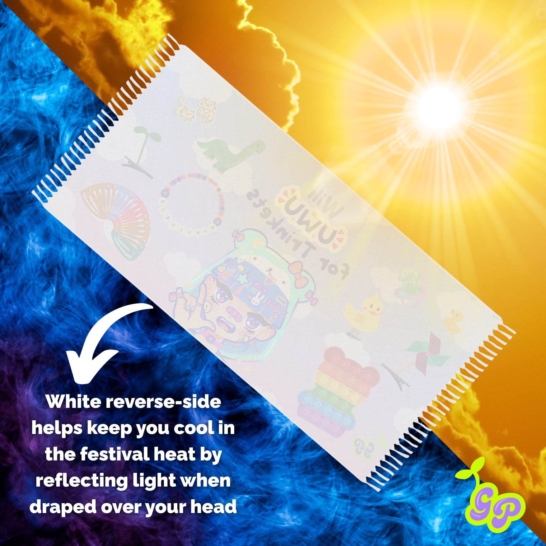 Backside of Ground Pashmina with white reverse facing up on a fire-and-ice graphic background, showing how the light-reflective material helps you stay cool in the sun.

