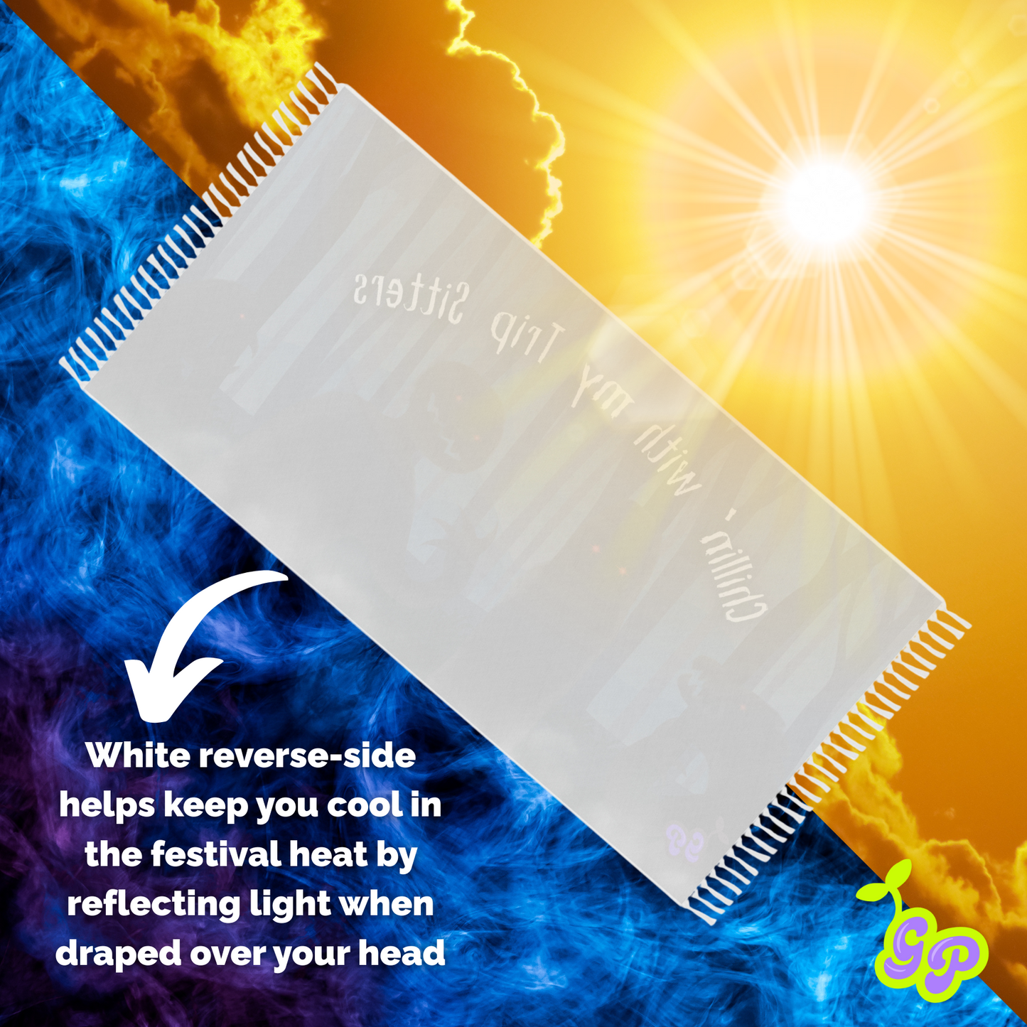 White reverse side of Trip Sitters Ground Pash pashmina shown under a bright sun with fire and ice background, highlighting its cooling and light-reflecting benefits.